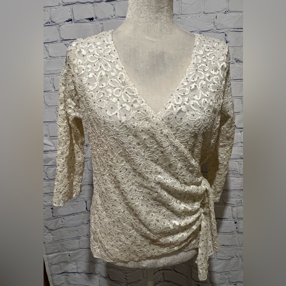 Brittany Black Vintage Top L Large Cream Ivory Glitter Floral Mesh 3/4 Sleeve - Picture 2 of 7